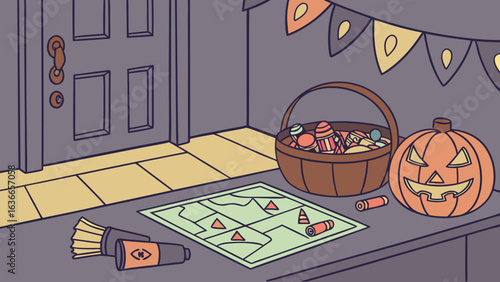 A halloween scene with a carved pumpkin a basket full of candy a treasure map and trick or treat bags by a front door