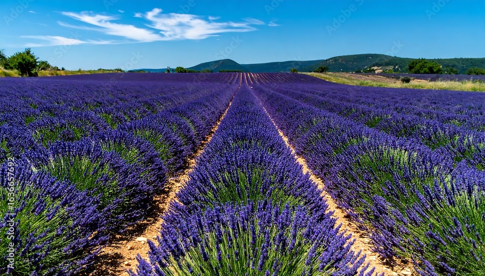 Obraz premium Ultra-detailed photo of a lavender field in full bloom under a bright blue summer sky. Perfect for wellness branding, floral advertising, and seasonal promotions.