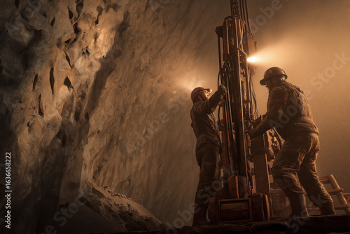 Two miners operating drilling machine deep underground, strong artificial lighting illuminating rock walls