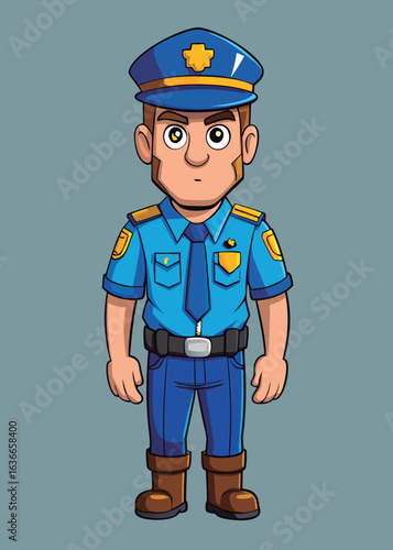 Cartoon police officer in blue uniform standing in a neutral setting. Male law enforcement officer in a police station. Professional law enforcement cartoon character.