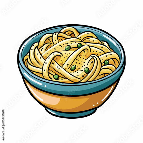A stylized illustration of a bowl of pasta with a vibrant yellow color and scattered green peas. depicted in an appetizing manner.