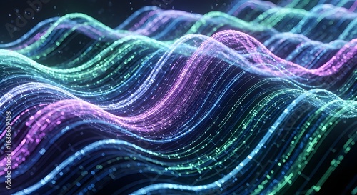 Abstract waves of light with particles in blue purple and green colors flowing in a dark background