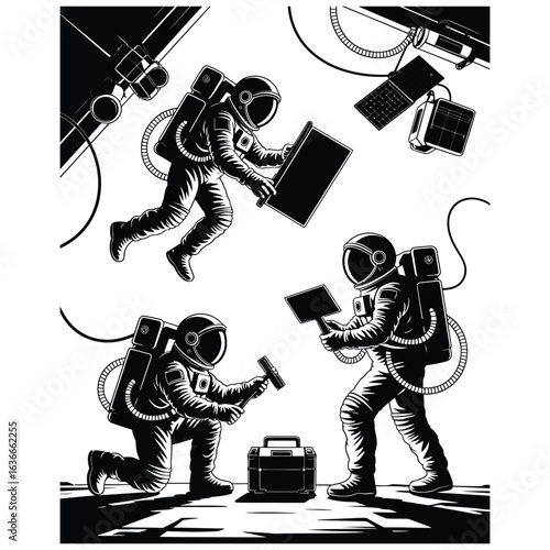 Silhouettes of multiple astronauts working in space eva activity with toolkits and tethers isolated black vector for technology and exploration