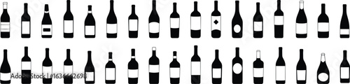Wine bottle silhouettes, various shapes, label designs, black and white vector, beverage industry icons, wine shop graphics, editable, scalable, illustration