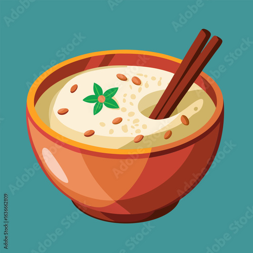 A bowl of rice porridge with chopsticks and garnish. served in a terracotta bowl. A simple. graphic illustration of a healthy. comforting dish against a teal background.