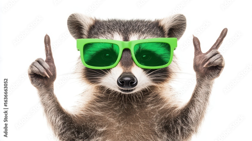 Fototapeta premium Raccoon wearing green sunglasses shows victory sign and points finger up on white background