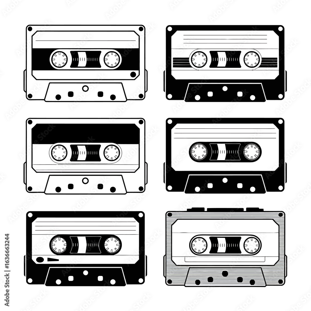 Fototapeta premium Set of Vintage Audio Cassettes Nostalgic Music Media Concept Retro Sound Carrier in Black and White