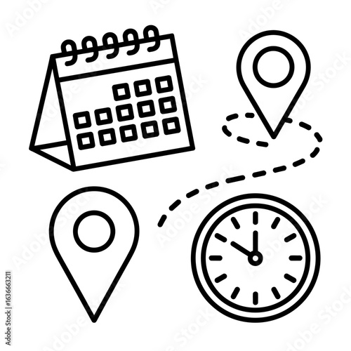 Vector illustration of a planner with calendar clock location icons for event management and scheduling reminders