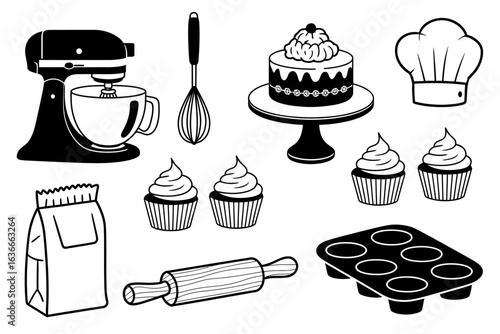 Black and White Baking Elements Featuring Stand Mixer Cupcakes Rolling Pin and More for Creative Projects