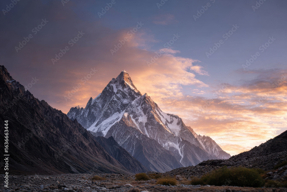 Obraz premium majestic peaks of world top mountains are bathed in warm hues of sunset