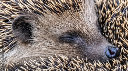 Hedgehog sleeps peacefully curled within its protective spikes displaying gentle snout detail