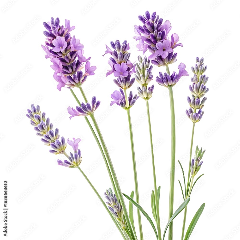 Naklejka premium Close up of fresh lavender sprigs against a clean white background