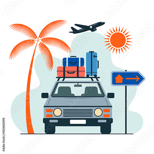Vacation getaway with car loaded with luggage palm tree sun airplane and travel direction for a perfect adventure illustration