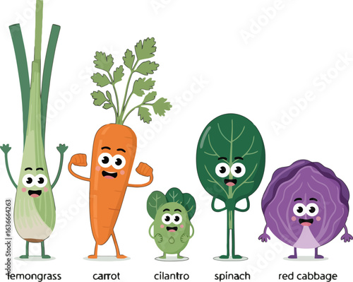 Cute Cartoon Vegetables with Faces and Arms, Healthy Food Characters
