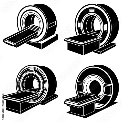 Four black and white mri machines with tables for medical imaging and diagnostics in a grid pattern
