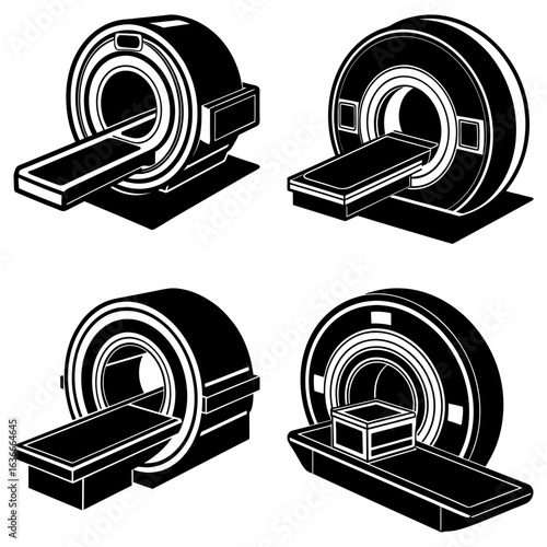 Four black and white illustrations of mri machines with patient beds in different configurations shown