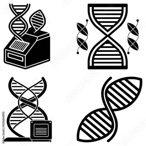 Four dna structures and a machine for dna analysis are depicted in black and white vector art