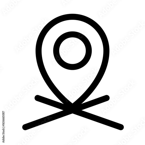 This vector icon depicts a camping spot location pin marked with crossed sticks, ideal for maps and outdoor activities.