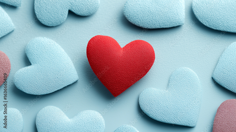 Fototapeta premium Striking contrast of a red heart surrounded by pastel blue — a metaphor for passion, individuality, and deep emotional bonds in a romantic setting.