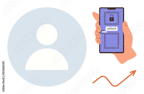 Smartphone with lock screen, hand holding device, unlock icon, user profile silhouette, rising arrow. Ideal for security, digital identity, access management, data security authentication growth