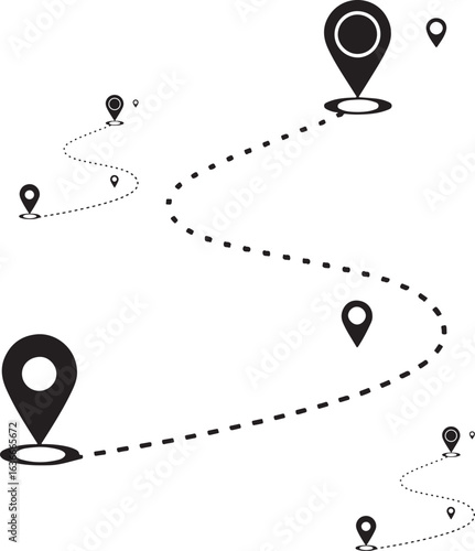 Route icon. Two points with dotted path and location pin. Route location icon two pin sign and dotted line.