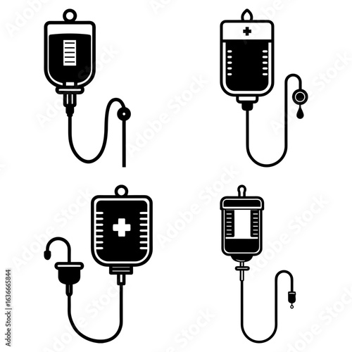 Illustration of four iv drip bags with different designs and fluid levels in black and white color scheme