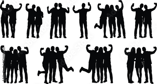 Diverse Group of Young Friends Taking Selfies Together with Smartphones in Various Poses and Compositions, Silhouetted Against a White Background