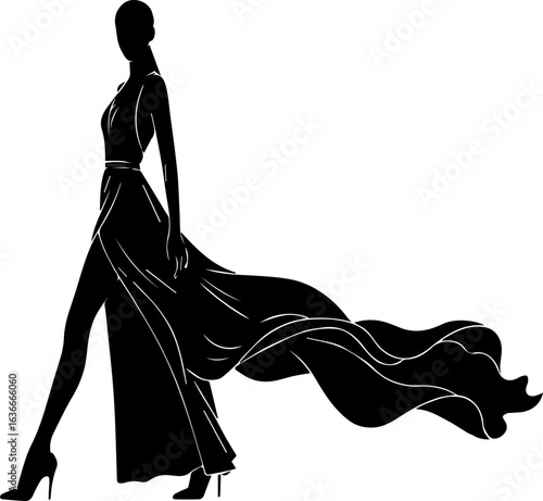 Silhouette of woman in long gown, fashion illustration