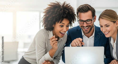 A diverse group of colleagues shows surprise and excitement while looking at a laptop. Perfect for illustrating a breakthrough moment or positive news
