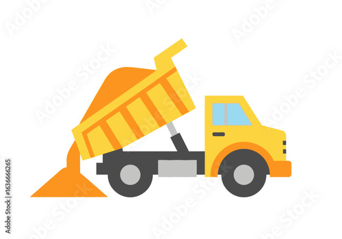 A vibrant illustration depicts a yellow dump truck, its bed tilted as it unloads a pile of sand, set against a clean white background, perfect for construction themes.