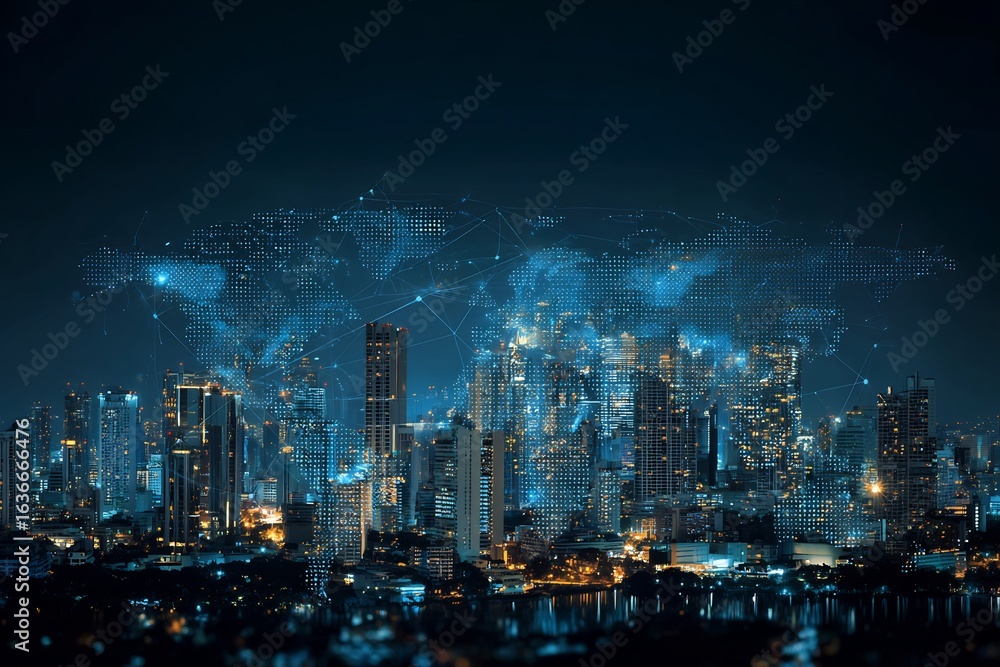 Fototapeta premium City skyline overlayed digital world map business globalization theme night urban environment