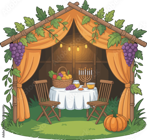 Festive Sukkah with Grapes, Fruit Basket, Menorah, and Pumpkin