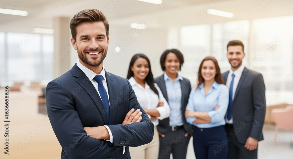 A confident businessman stands with his arms crossed, leading his diverse and smiling team in a modern office. Perfect for corporate leadership and unity A confident businessman stands with his arms crossed, leading his diverse and smiling team in a modern office. Perfect for corporate leadership and unity