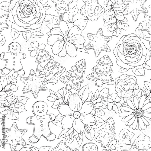 christmas, flower, pattern, floral, seamless, vector, decoration, illustration, wallpaper, ornament, vintage, design, rose, nature, art, texture, leaf, flowers, pink, summer, plant, card, element, dec