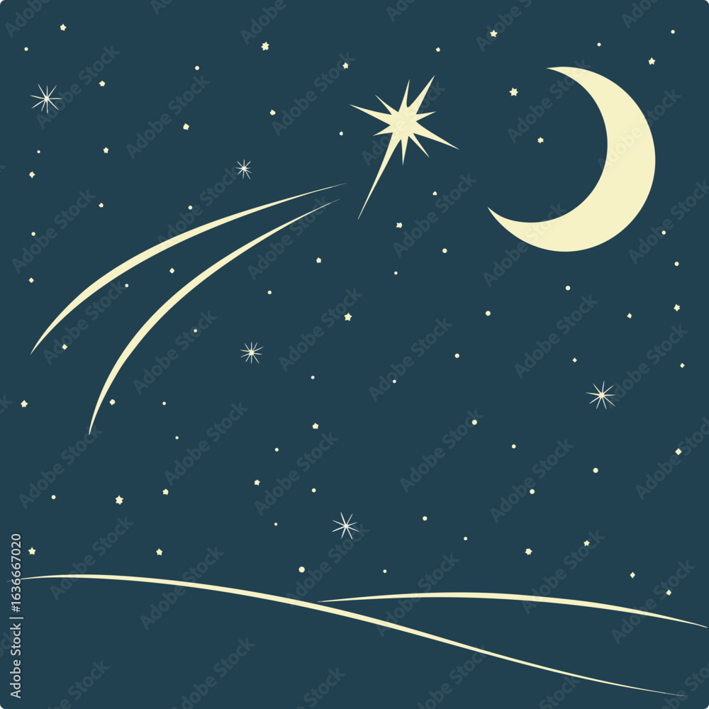 Naklejka premium Whimsical night sky with crescent moon and shooting stars