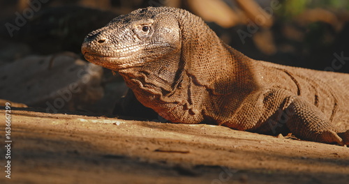 Large Komodo dragon (Varanus Komodoensis), also known as Komodo monitor, resting on the arid ground of Rinca Island, part of the Komodo National Park in Indonesia, a UNESCO World Heritage Site
