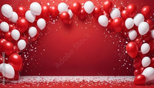 Red and white balloons form an arch with confetti against a vibrant red background.