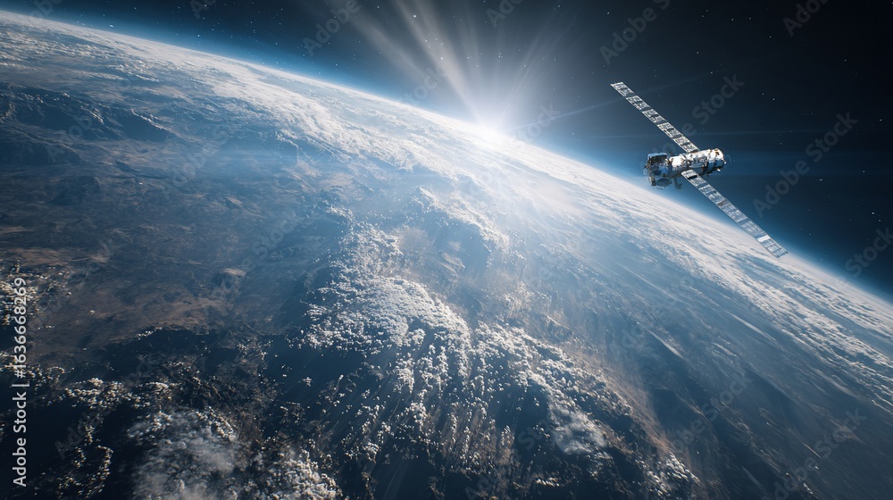 Naklejka premium Satellite orbits Earth, capturing sunrise, outer space view