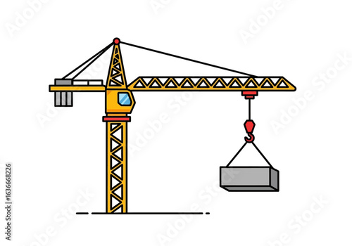 A yellow tower crane with a concrete block on a hook against a white background, illustrated in a simple line art style, perfect for construction or engineering projects.