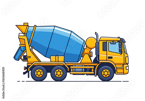 A vibrant illustration showcases a yellow and blue cement mixer truck, a symbol of construction and infrastructure, set against a clean white background.