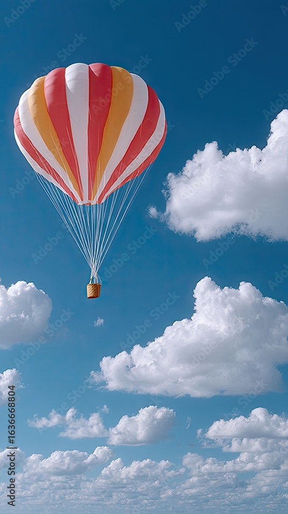 Fototapeta premium Brightly Colored Paraglider Canopy Soaring Above Fluffy White Clouds