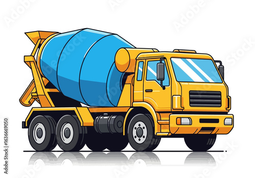A vibrant illustration showcases a yellow concrete mixer truck, designed with bold outlines and a modern aesthetic, ready for construction work.