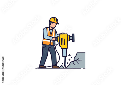 A cartoon illustration depicts a construction worker wearing a hard hat and safety vest, diligently operating a powerful jackhammer to break up concrete.
