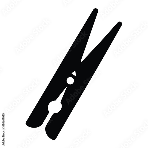 Single black silhouette vector icon of a classic wooden clothespin or clothes peg, designed for laundry, household, and fashion-related graphic design projects, isolated on a white background.