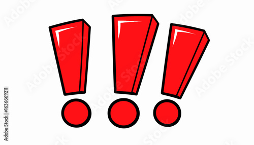 Three bold, red exclamation points on a white background.
