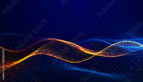 Golden Particle Waves Flowing Across a Dark Blue Background