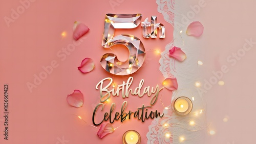 Elegant 5th birthday celebration with crystal number, candles, and rose petals on a soft pink background, perfect for a festive greeting card or invitation