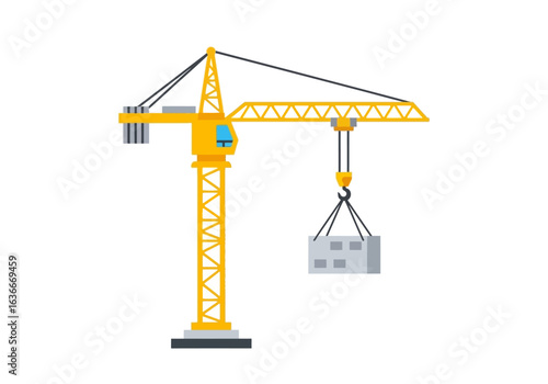 A yellow tower crane lifts a concrete block at a construction site, symbolizing industrial progress and building development.