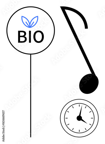 Bio label with leaf icon, musical note, and analog clock. Ideal for eco-lifestyle, time, creativity, music, minimalism, environmental awareness and sustainable living as a simple flat metaphor
