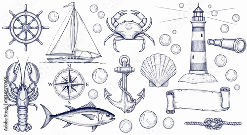 Nautical vintage icons set. Vector hand drawn monochrome sketch illustration of lighthouse, ship, anchor, sea animals 